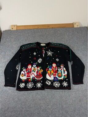Vintage Studio Works Christmas Ugly Sweater Cardigan Santa Tree Size XL